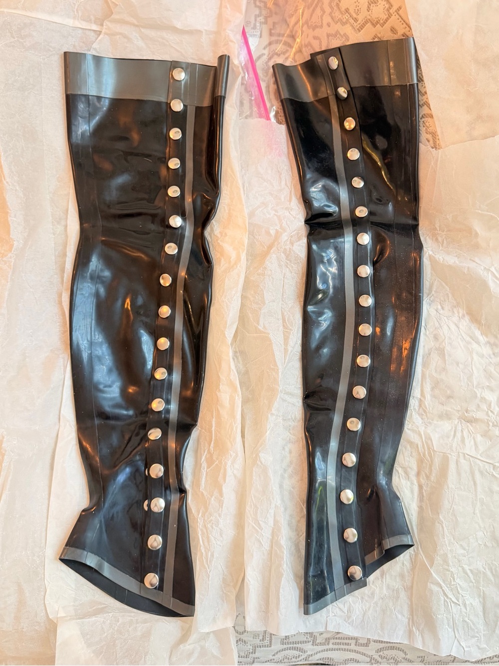 OOAK: Latex Rubber Victorian Thigh High Spats Black and Pewter Sz. Small-Medium
